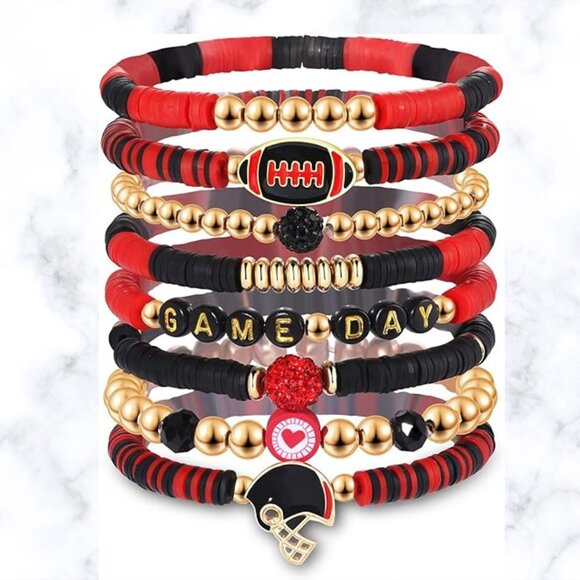 GEORGIA FOOTBALL BULLDOGS 8PC Stretch Bracelet SET Black Red Theme NEW - Picture 1 of 5
